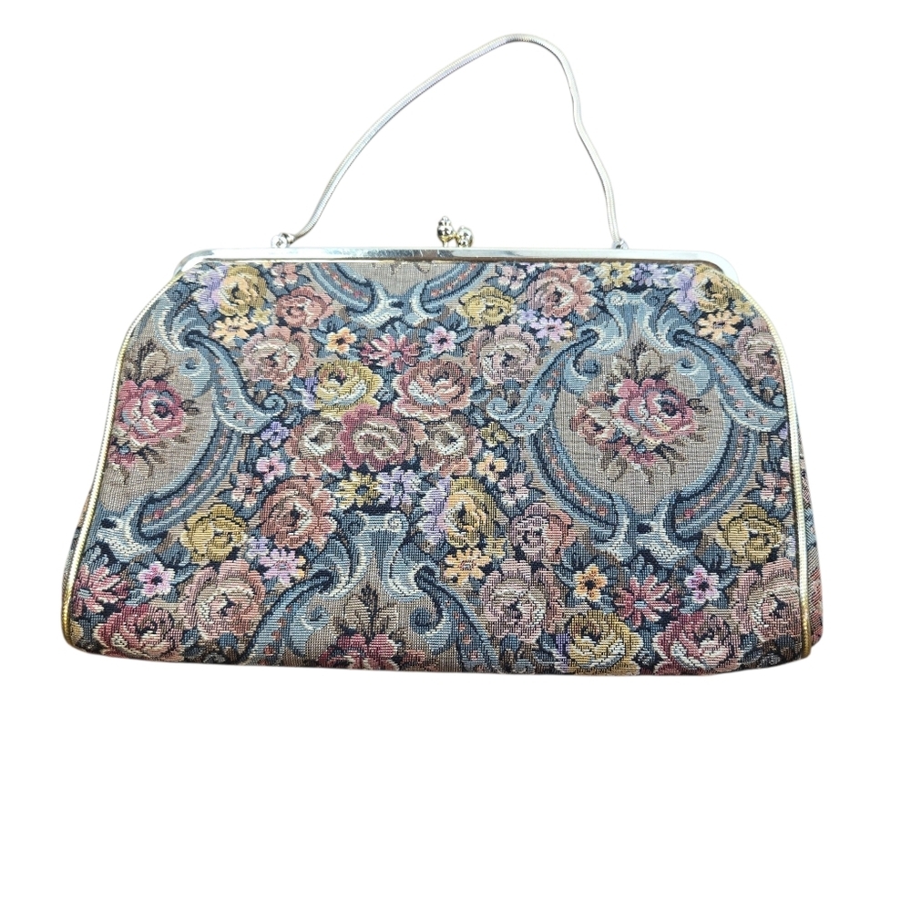 Vtg 60s Floral Brocade Jacquard Tapestry Cottagecore Handbag Purse